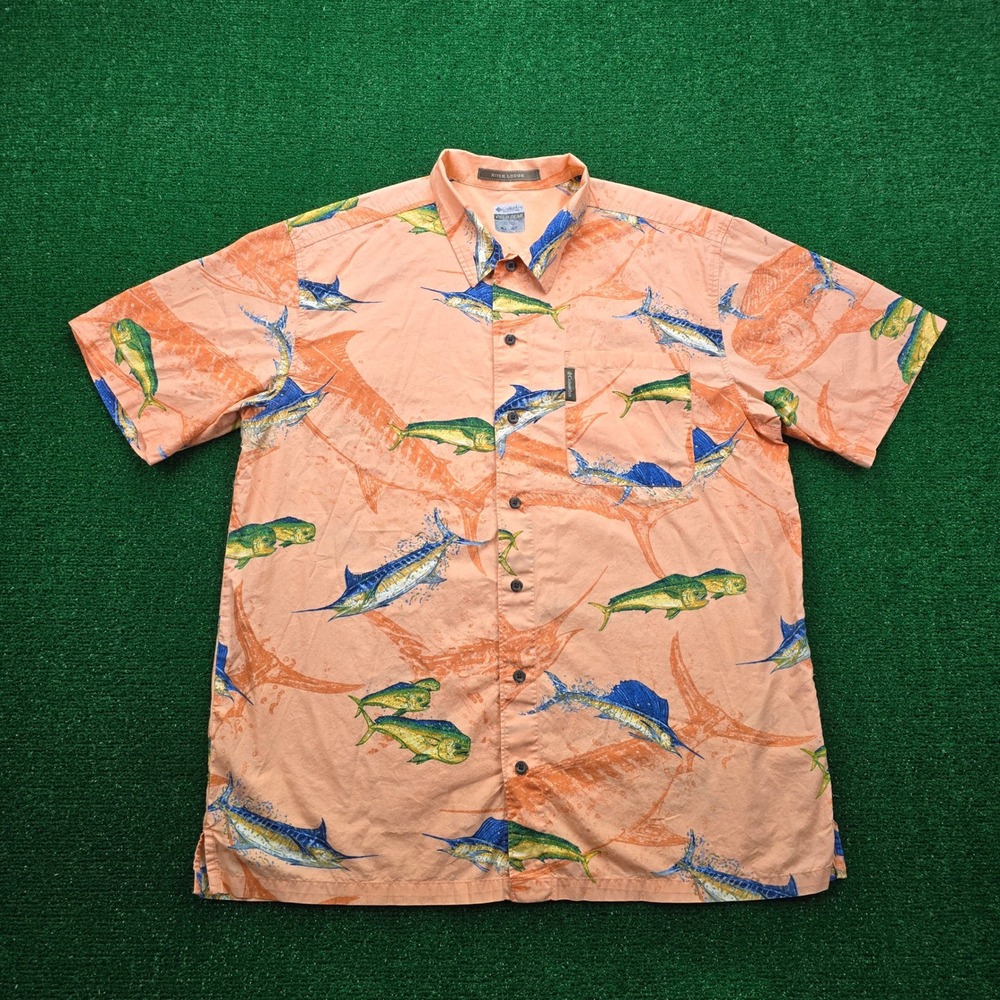 Columbia River Lodge Shirt Mens Large Orange Mahi Mahi Marlin Fish Print Fishing